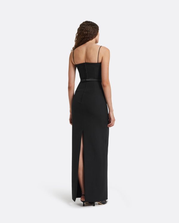 Pelin Black Long Dress With Embroidered Belt - Image 2