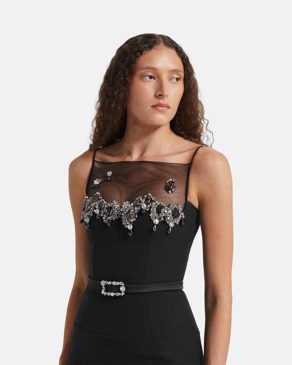 Pelin Black Long Dress With Embroidered Belt - Image 3