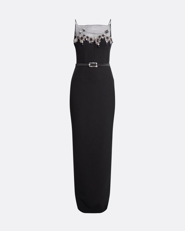 Pelin Black Long Dress With Embroidered Belt - Image 5