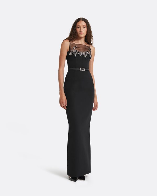 Pelin Black Long Dress With Embroidered Belt - Image 6