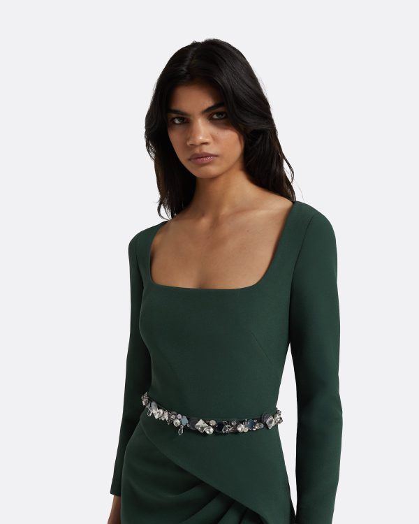 Mahir Darkest Spruce Long Dress With Embroidered Belt - Image 3