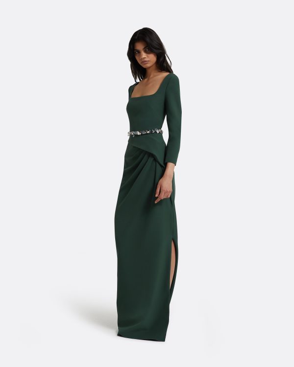 Mahir Darkest Spruce Long Dress With Embroidered Belt - Image 4