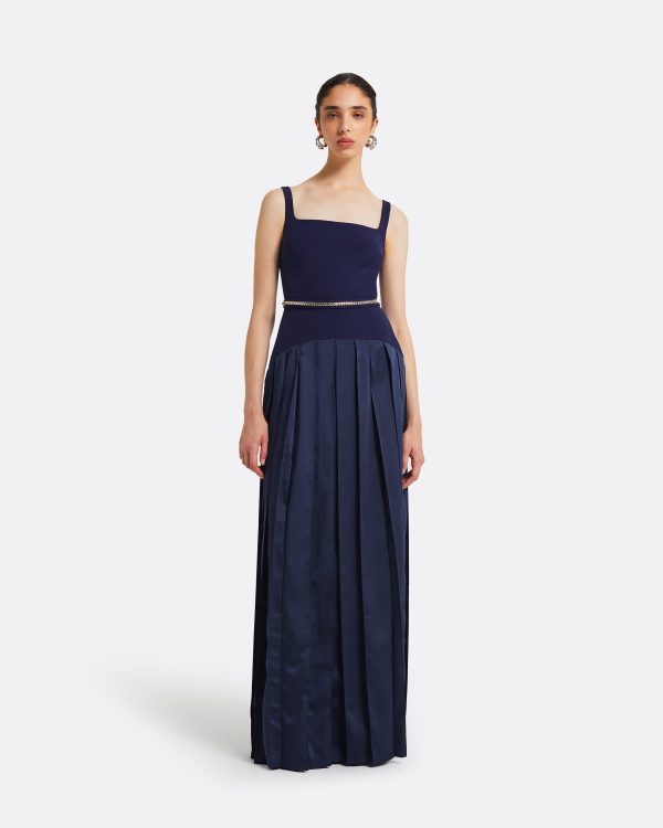 Luce Azurite Blue Long Dress With Embroidered Belt