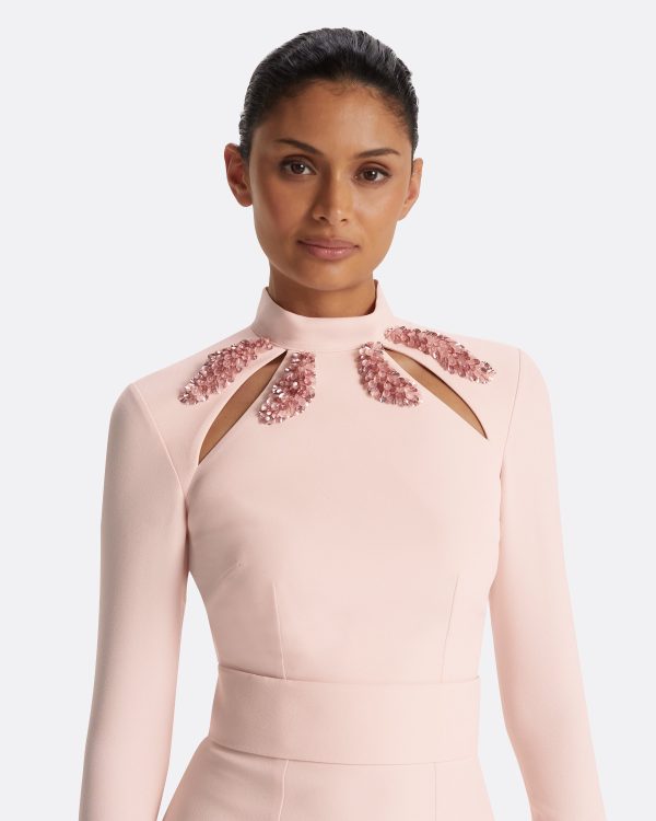 Kamala Pale Pink & Curled Leaf Embroidery Long Dress - Image 3