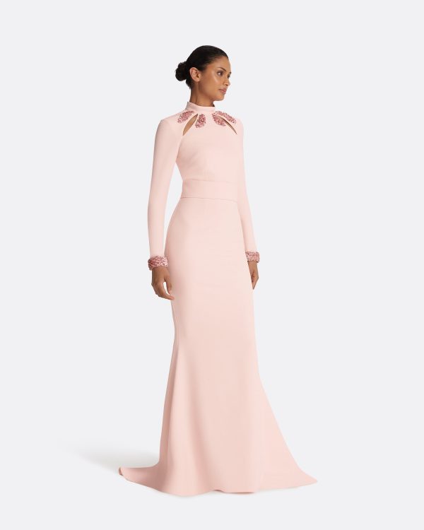 Kamala Pale Pink & Curled Leaf Embroidery Long Dress - Image 4