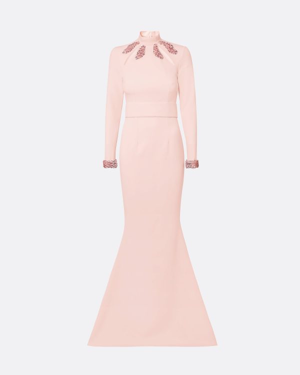 Kamala Pale Pink & Curled Leaf Embroidery Long Dress - Image 5
