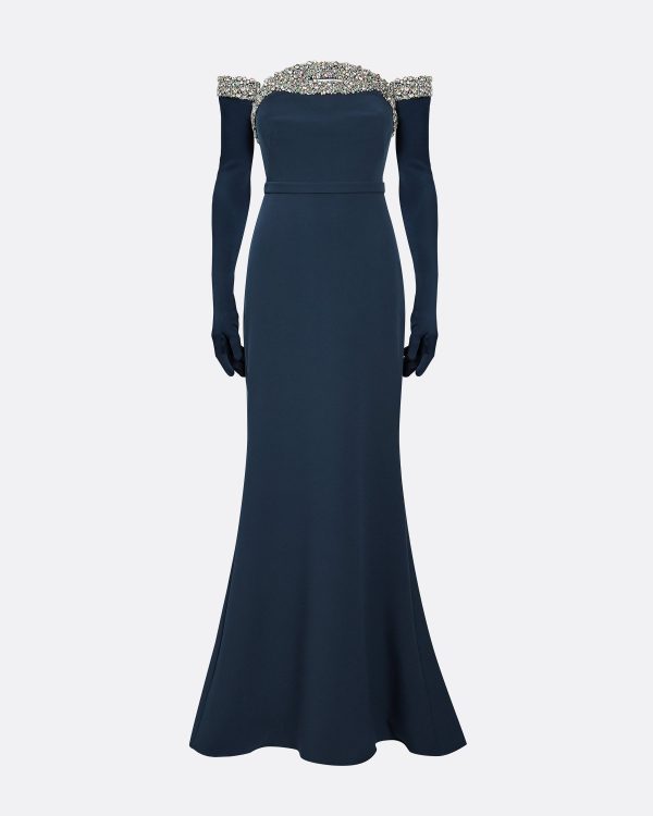 Donatella Ink Blue Long Dress With Antonia Gloves - Image 5