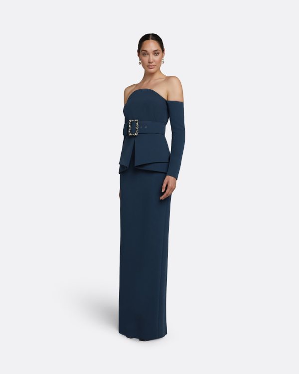 Giuliana Ink Blue Long Dress With Belt - Image 4