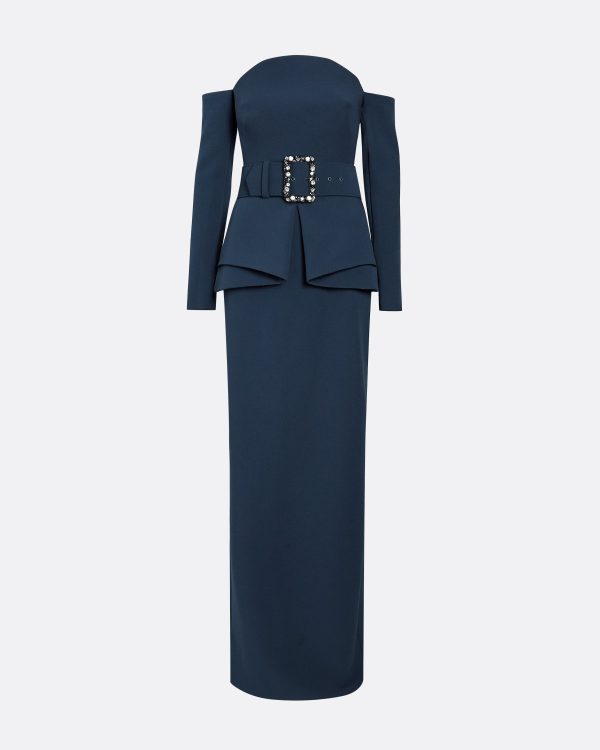 Giuliana Ink Blue Long Dress With Belt - Image 5
