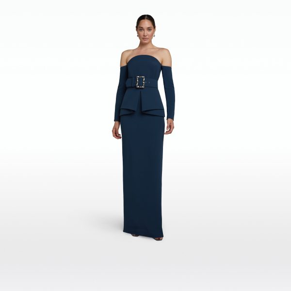 Giuliana Ink Blue Long Dress With Belt - Image 6