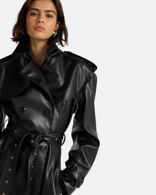 Emy Black Vegan Leather Coat - Image 3
