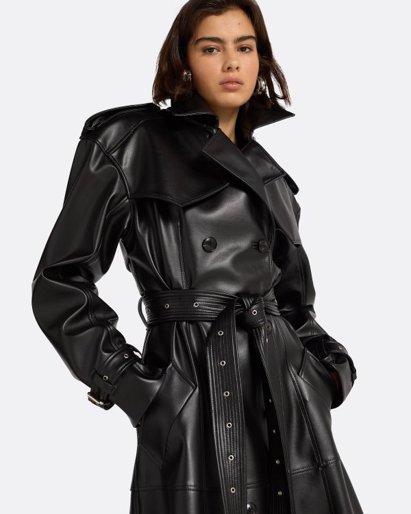 Emy Black Vegan Leather Coat - Image 7